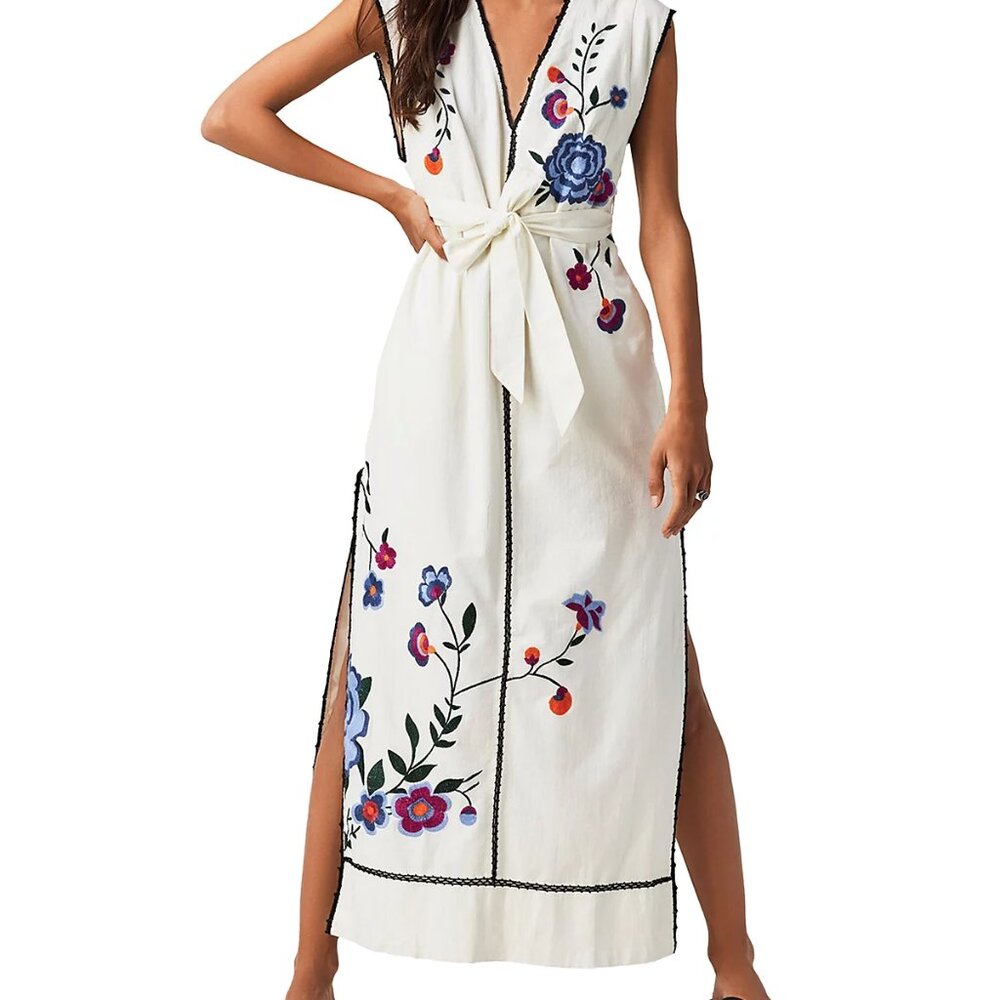 Free People Floral Embroidered Tie Waist Bo Dress
